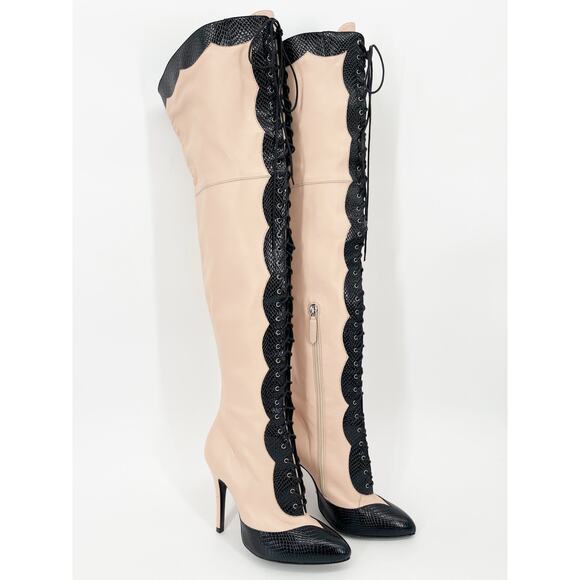 Gucci Harriet Light Rose Black Leather Lace Up Over The Knee Heeled Boots EU 38 - Picture 4 of 15